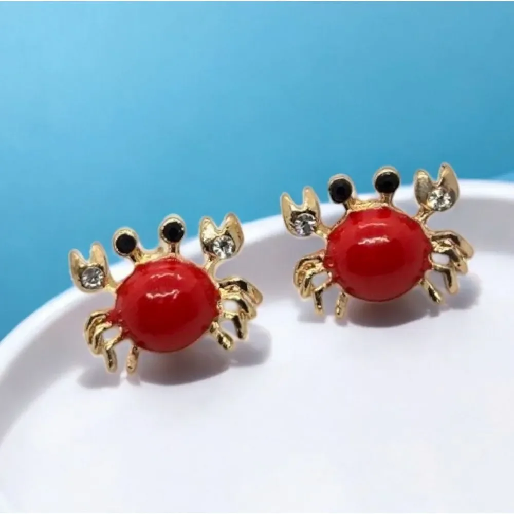 Crab Earrings Red Gold Rhinestone Stud Nautical Coastal Cute Vacation Jewelry
